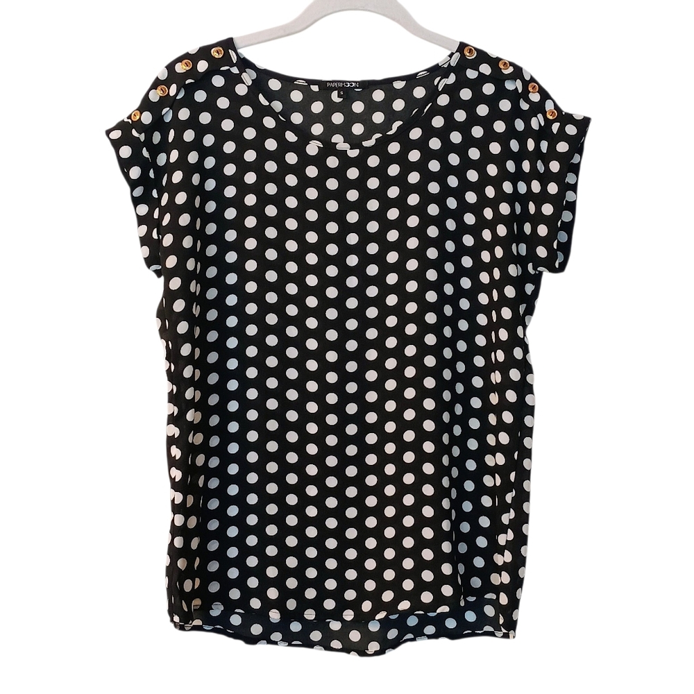 Women's Paper Moon Black White Polka Dot Blouse With Gold Button Details - Small